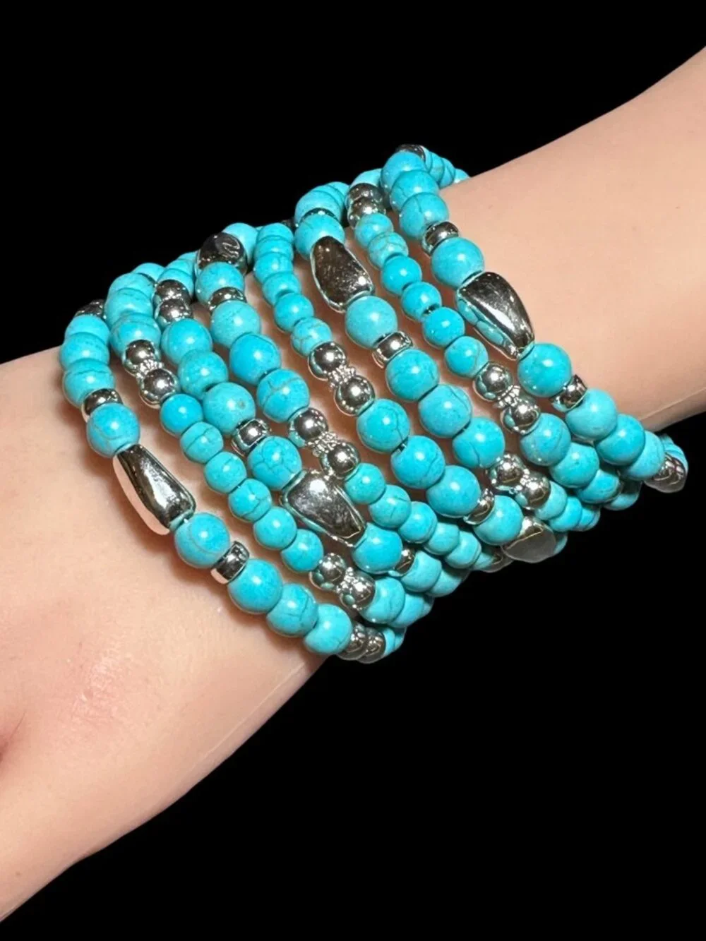 Wrap Bracelet Blue Silver Tone Beaded Chunky Womens Costume Jewelry NWOT